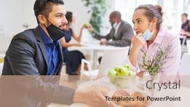  Presentation with cafeteria - Amazing presentation design having two-young-businesspeople backdrop and a coral colored foreground