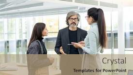  Presentation with strategies - Slides with two-young-businesswomen-and-mature background and a coral colored foreground