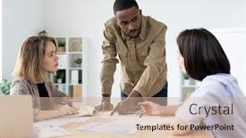  Presentation with data meeting - Presentation design with two-young-businesswomen-listening background and a soft green colored foreground