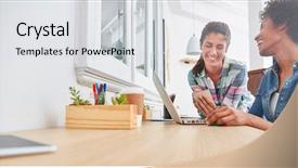  Presentation with work together growth teamwork - Colorful theme enhanced with two young businesswomen work together backdrop and a  colored foreground