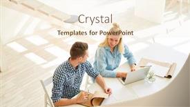  Presentation with managers - Slide set featuring two young busy managers or designers sitting by long table in studio and discussing ideas background and a cream colored foreground