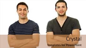  Presentation with full length portrait two men women brown sweater - Cool new theme with two young casual men portrait backdrop and a  colored foreground