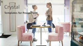  Presentation with talk - Beautiful slide set featuring young casual women having talk backdrop and a soft green colored foreground