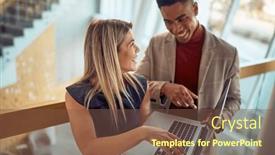  Presentation with atmosphere - Presentation theme featuring two-young-cheerful-business-people background and a tawny brown colored foreground