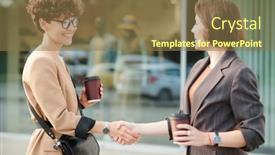  Presentation with negotiating - Presentation design with two-young-cheerful-female-colleagues background and a coral colored foreground