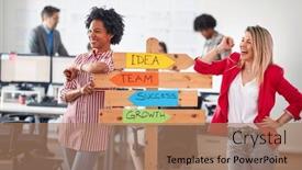  Presentation with atmosphere - PPT theme consisting of two-young-cheerful-female-office background and a coral colored foreground