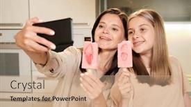  Presentation with females - Colorful PPT theme enhanced with two-young-cheerful-females backdrop and a coral colored foreground