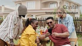  Presentation with country party - Theme with two-young-cheerful-intercultural-couples background and a  colored foreground