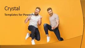  Presentation with two men climbing - Amazing slide deck having two young cheerful men jumping backdrop and a yellow colored foreground