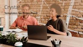  Presentation with project - Slide deck with two-young-cheerful-multinational-colleagues background and a coral colored foreground