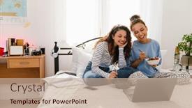  Presentation with teen girls - Presentation theme having two-young-cheerful-teen-girls background and a coral colored foreground