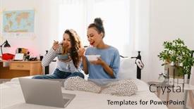  Presentation with teen girls - PPT theme with two-young-cheerful-teen-girls background and a mint green colored foreground