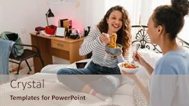  Presentation with cheerful - Presentation theme featuring two-young-cheerful-white-girls background and a mint green colored foreground