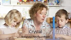  Presentation with young children - Slide set with two young children at montessori background and a coral colored foreground