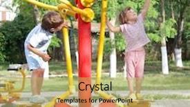  Presentation with children sport - Slides enhanced with two young children on outdoor sport ground gym background and a yellow colored foreground