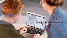  Presentation with mobile applications - PPT layouts having two-young-colleagues-looking background and a seafoam green colored foreground