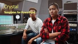  Presentation with recording studio - PPT theme with two young colleagues sitting in studio of audio recording by soundboard background and a tawny brown colored foreground