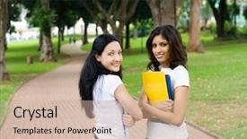  Presentation with college students - Amazing PPT theme having two young college students talking backdrop and a soft green colored foreground