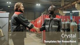  Presentation with shaking hands - PPT theme featuring two-young-confident-male-engineers background and a violet colored foreground