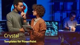  Presentation with new ideas - PPT layouts featuring two-young-confident-programmers-discussing background and a tawny brown colored foreground