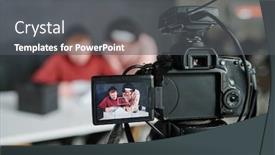  Presentation with front desk - Presentation design with two-young-contemporary-male-vloggers background and a dark gray colored foreground