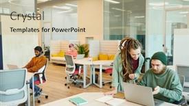  Presentation with managers - Presentation featuring two-young-contemporary-office-managers background and a soft green colored foreground