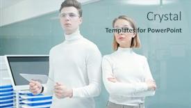  Presentation with futuristic glasses - PPT layouts enhanced with two-young-contemporary-software-center background and a light blue colored foreground