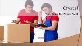  Presentation with personal belongings - Slide set consisting of two young contractor employees moving personal belongings background and a light gray colored foreground