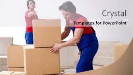  Presentation with personal belongings - Presentation theme having two young contractor employees moving personal belongings background and a light gray colored foreground