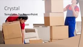  Presentation with personal belongings - PPT layouts consisting of two-young-contractor-employees-moving background and a  colored foreground