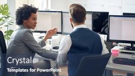  Presentation with coworkers - Slides having two-young-coworkers-discussing-together background and a  colored foreground