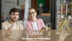  Presentation with creative - Slide set with two-young-creative-designers-looking background and a coral colored foreground