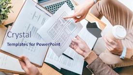  Presentation with software - Colorful slide set enhanced with two young creative designers of software discussing new interfaces of smartphone while one of them pointing at paper backdrop and a sky blue colored foreground