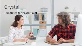  Presentation with new ideas - Slide deck consisting of two young designers having discussion of their ideas while preparing for report or presentation of new project background and a light gray colored foreground