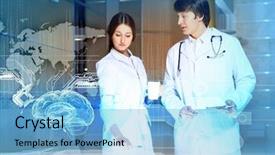  Presentation with metabolic doctor examining - PPT theme having two young doctors examining futuristic background and a light blue colored foreground