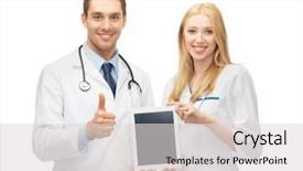  Presentation with hands holding - Audience pleasing presentation theme consisting of two young doctors holding tablet backdrop and a light gray colored foreground