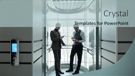  Presentation with open door - Audience pleasing presentation design consisting of two-young-elegant-office-managers backdrop and a light blue colored foreground