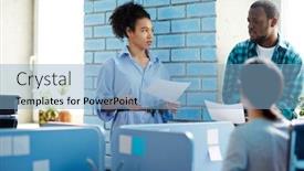  Presentation with questions - PPT layouts featuring two young employees discussing questions or report points at working seminar in office background and a light blue colored foreground