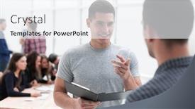  Presentation with employees - Beautiful presentation theme featuring two-young-employees-discussing backdrop and a sky blue colored foreground