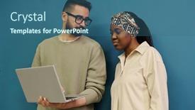  Presentation with employees - PPT layouts having two-young-employees-looking background and a  colored foreground