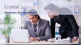  Presentation with employees - Beautiful slide set featuring two young employees working in the office backdrop and a sky blue colored foreground