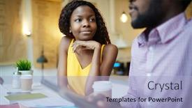  Presentation with talk - PPT theme enhanced with two-young-entrepreneurs-having-business background and a light blue colored foreground