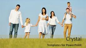  Presentation with families - Cool new PPT theme with two young families with kids walking on beautiful summer meadow enjoying and having fun backdrop and a gold colored foreground