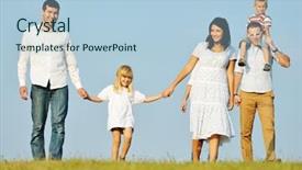  Presentation with families - Presentation theme consisting of two young families with kids walking on beautiful summer meadow enjoying and having fun background and a light blue colored foreground