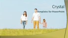  Presentation with families - Colorful presentation theme enhanced with two young families with kids walking on beautiful summer meadow enjoying and having fun backdrop and a sky blue colored foreground
