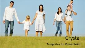  Presentation with families - Presentation theme featuring two young families with kids walking on beautiful summer meadow enjoying and having fun background and a yellow colored foreground