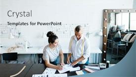  Presentation with textile - Slide deck with two-young-fashion-designers background and a sky blue colored foreground