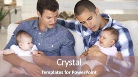  Presentation with home - Presentation theme with two young fathers on sofa background and a coral colored foreground