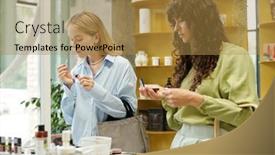  Presentation with makeup products - Slide deck enhanced with two-young-female-consumers-standing background and a  colored foreground