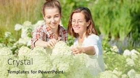  Presentation with white hydrangea - Slides enhanced with two-young-female-gardeners background and a soft green colored foreground